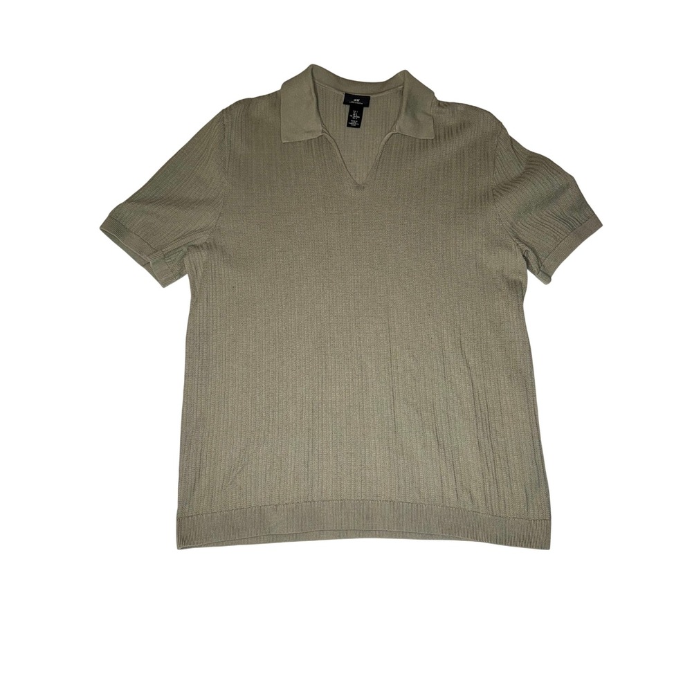 H&M Knit Polo Shirt Mens Large Sage Ribbed Short Sleeve Johnny Collar 12653371